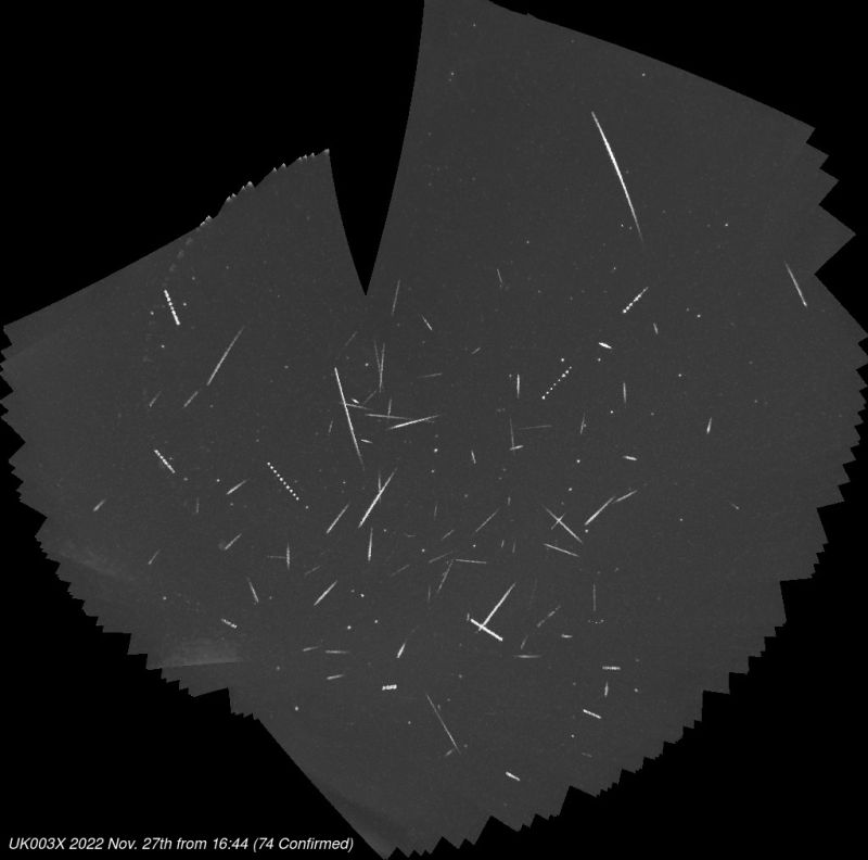 November Orionids and Geminids on the night of 27th/28th November 2022
73 meteors were captured by my Global Meteor Network camera during the night between 21:23 on 27th and 06:29 on 28th November 2022. Of those, 11 were provisionally identified as November Orionids, and 8 as early Geminids.
