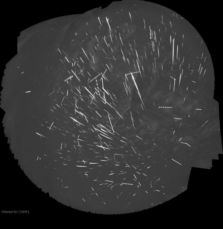 Geminids between 2023 Dec 9 at 17:47 and Dec 15 at 05:02
This is a multi-night track-stack of the Geminid meteors captured by my two Global Meteor Network cameras between 2023 December 9th at 17:47 UTC and 2023 December 15th at 05:02 UTC. Only frames containing Geminids have contributed to this stack, though there may be one of two other meteors because they happened during the same ten-second time window as a Geminid.  697 frames went into this stack.  Each of those had at least one Geminid on it, but some of them had two or more. However, the fields of view of the two cameras overlap, so some meteors will have been caught by both cameras. That makes it quite tricky to work out exactly how many meteors there are in this image.

