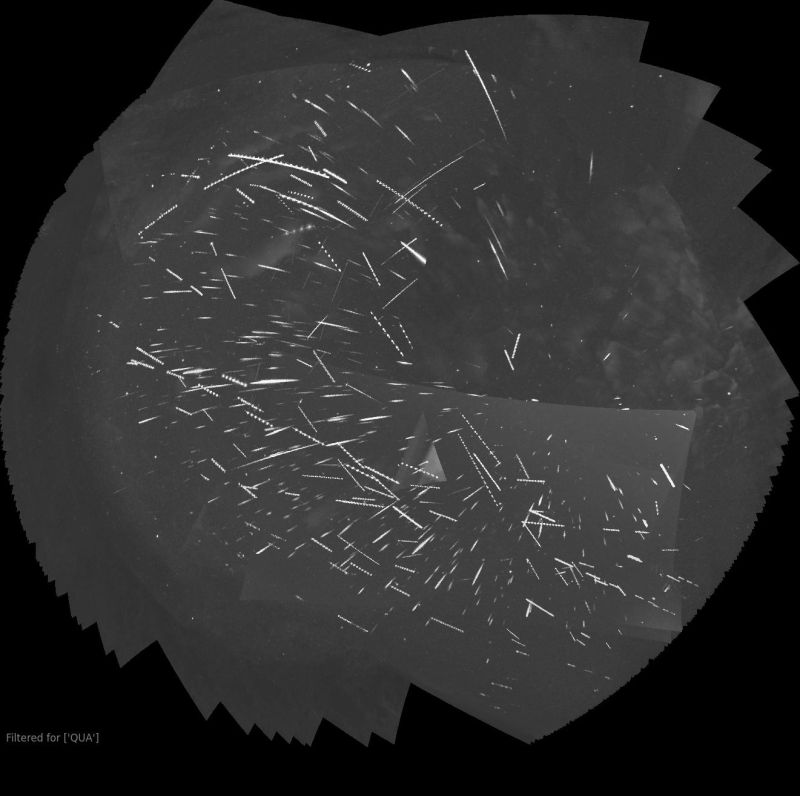 Quadrantids, night of 3rd-4th January 2024
This is a filtered tracked stack of the Quadrantid meteors captured by my Global Meteor Network cameras on the night of 2024 January 3rd to 4th. The night started out cloudy, but the sky was clear for about six hours overall, mostly after midnight, and the cameras are also capable of catching meteors in gaps in the clouds so long as they can see enough stars to calibrate the images. One camera recorded 260 Quadrantids and the other recorded 234, but the camera fields overlap a bit so some of those meteors will have been caught by both cameras. 
