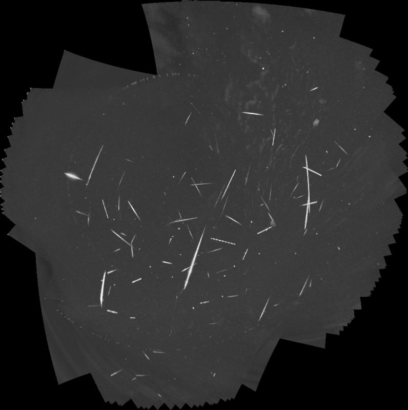 Andromedids outburst 2021 11 27-28 tracked stack
Meteors recorded by my GMN camera on the night of 27th-28th November 2021. A late burst of Andromedids was recorded by GMN cameras. When the radiant is close to or within the field of view the meteors are coming towards the camera, so the trails can be quite short and that makes determining the radiant trickier. Preliminary local analysis of the trails captured by my camera identified 11 Andromedids, 5 November Orionids, 4 Geminids, 2 November i Draconids and 51 sporadics.

57 of the meteors in this image were matched with ones caught by at least one other camera, and of the meteors for which orbits could be determined, 5 were Andromedids, 4 were December alpha Draconids, 4 were Southern chi Orionids, 3 were Southern Taurids, 3 were November Orionids, 2 were Northern Taurids, 2 were Northern chi Orionids, and one came from each of the Orionids, December Canis Minorids, December Northern delta Arietids, 50 Cancrids, sigma Hydrids and tau Taurids. 28 of the matched meteors were sporadics.
