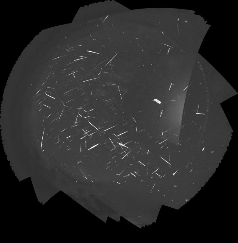 Orionids maximum, night of 21st-22nd October 2023
This is a tracked stack of the meteors captured by my two Global Meteor Network cameras on the night of 21st to 22nd October, 2023. One camera caught 135 meteors and the other caught 153. There's some field overlap, and some meteors get counted twice because of that. One camera caught 64 Orionids, and the other caught 77. A few meteors from the Southern Taurid, epsilon Geminid, Leonis Minorid and chi Taurid showers were also caught by both cameras. There were 44 sporadics on one camera and 52 on the other.
One camera recorded 4.25 hours of clear sky, and the other 5.33 hours, but quite a few of the meteors were caught through thin cloud.
