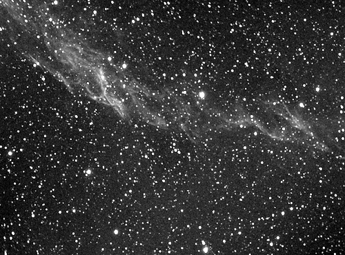 NGC 6960 The Witches Broom Nebula in Cygnus, part of The Veil. Dist: 1,400 l.y.
Imaged with Starlight Xpress MX7 via Skywatcher ED80
Guided with Philips Toucam Pro via WO ZS66
4 x 10 mins 
Not good seeing conditions, second guided attempt 
Link-words: Nebula
