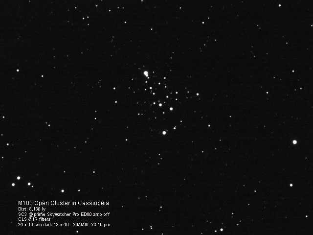 M103 Open Cluster in Cassiopeia
The open cluster M103 in Cassiopeia, about 8,130 light years away.
Link-words: Messier Star