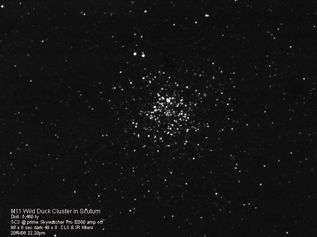 M11 Wild Duck Cluster in Scutum
The "Wild Duck" cluster M11 in Scutum, about 5,460 light years away.
Link-words: Messier Star
