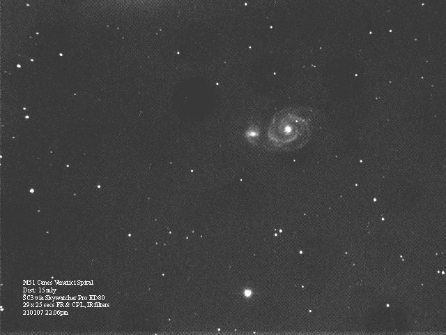 M51 Whirlpool Galaxy in Canes Venatici
This galaxy is at a distance of 15 million l.y. It is 50,000 l.y. across connecting to NGC 5195 via a bridge of gas. Need to avoid "dust bunnies". Better image will be taken with SX & longer exposures.
Link-words: Messier Galaxy
