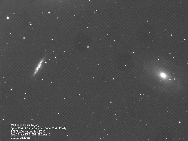 M81 & M82 in Ursa Major
M81, spiral, is 4.5 million l.y from us. M82, an Irregular galaxy, is 17 million l.y away & is called The Cigar.
Looking forward to getting a better image, by guiding & using the SX, & avoiding getting "dust bunnies"
Link-words: Messier Galaxy