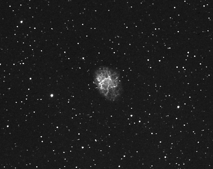 M1 The Crab Nebula
Distance 6,500 ly. Supernova seen by the chinese in AD 1054.  
Very damp night, foggy lots of dew.
Link-words: Nebula