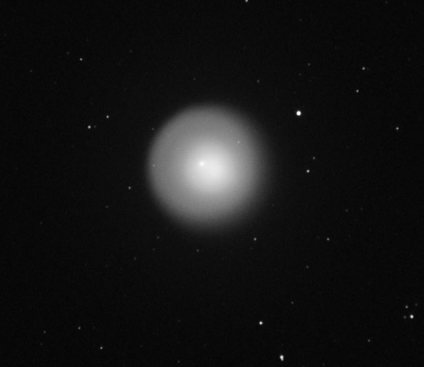 Holmes 17P on 30 Oct 2007
Comet Holmes 17P taken on 30 October 2007
10 x 30sec 
This comet became visible on 24/10/07. It has a solid nucleus which is surrounded by a green halo that is fluorescing gas. It has puffed out a huge cloud of dust which is lit by sunlight.  
Link-words: Comet