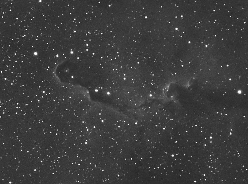 IC1396 The Elephants Trunk in Cepheus
17x480 secs. A full Moon & heavy dew has made this not a very good image. I have underprocessed it as there was too much noise. 
Will do again on a good night.
Link-words: Nebula
