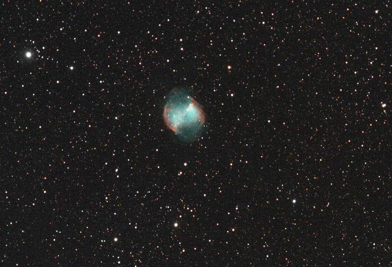 M27 Dumbbell Nebula in Vulpecula, first light
Captured with DSLR Focus, guided with WO ZS66 & DMK camera

7x300 secs ISO 800. I did not do enough subs, but had problems with software.

Clouds & breezy, which was upsetting the guiding a bit.
Link-words: messier