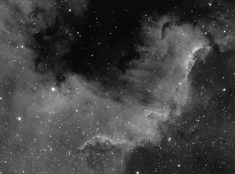 The Wall NGC7000 The North American Nebula  in Cygnus
15x300 ha darks, flats, 0.8 fr Atik 314L thru Skwatcher Pro ED80

Wanted to do more, but meridian flip got in the way
Link-words: Nebula