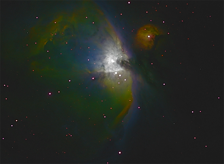 M42 and M43 in Narrowband
Luminance made from 60 minutes Visible with IR block, plus 10 minutes Ha.
Red 10 minutes SII
Green 10 minutes Ha
Blue 10 minutes OIII
Link-words: Messier Nebula Whitmarsh