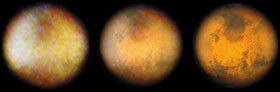 Mars
Mare Acidalium is the prominent dark feature at upper left middle, while to it is just possible to make out Sinus Sabaeus and Sinus Meridiani. Barely visible is the polar cap as a faint bluish mark on the top limb. A huge white cloud covers almost the whole western hemisphere, this is are probably an early morning frost which burns off by about 11 o'clock local Mars time. 
This image was captured using eyepiece projection on a 3 1/2 Questar telescope. The mount was driven. Several images of Mars were obtained over a short period of time. The seeing was fair. After the 35mm negative film was processed, it was scanned into Photshop? and specific frames were selected. The images were then added together reducing the amount of 'noise' in the film grain. 
For comparison see a reference image on the right and a mixed image in the middle.
