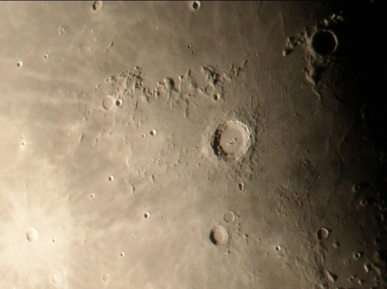 Monarch of the Moon
Being on the terminator the bright rays of majestic Copernicus (93km diam), below the Montes Carpatus, are dimmed and outshone by nearby Kepler at this time. Keyhole-shaped tiny Fauth (12km diam) sits below. Bang on the terminator at the tip of the Montes Apenninus lies the beautiful Eratosthenes at 58km in diameter.
Link-words: Moon