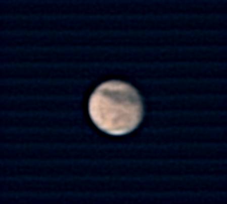 Mars just before the last OAS meeting Jan 2008
Mars captured at 640x480 1/125s exposures@50fps best 5% of 2500 frames captured in K3CCDTools and Stacked/Processed in Registax.

It was fairly breezy and seeing wasn't too good though the sky looked very clear.  Could have done with taking it to f40 but I'm not sure if the conditions would have allowed the extra magnification.  Mars is 50 pixels high in this composite.
