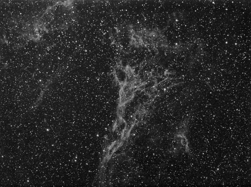North Western Veil Nebula NGC6960
A little imaged part of this large supernova remnant none the less shows good detail and filaments.  The central section resembles a man climbing.

Subs were 10 x 5 minute unguided.
Link-words: Nebula