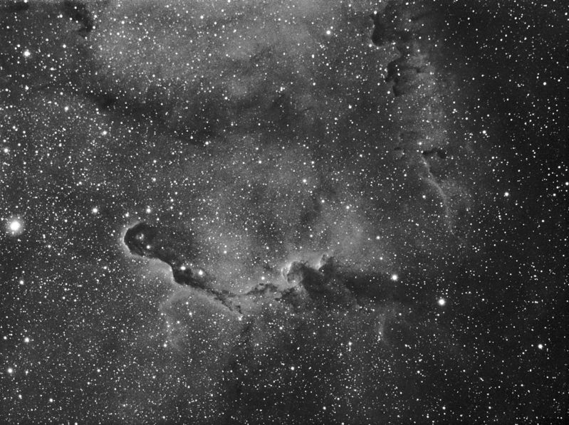 IC1396 The Elephants trunk dark nebula
Taken while the weather was clearish.

9 x 10 min, 7 guided phd Atik16IS on the Celestron C9.29@f10 (2350mm) and 2 unguided - I stopped because of trailed stars caused by what I suspect is mirror movement.  Strangely the unguided shots had the rounder stars !

Link-words: Nebula