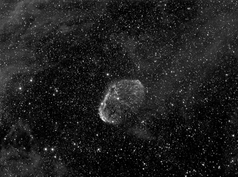 NGC6888 Crescent Nebula
Crescent nebula and starfield showing some of the faint nebulosity around it.  The Nebula has been produced by the Wolf-Rayet star in the center of the nebula.

20 * 300s unguided with the Sky90 + F/4.5 reducer/flattener and CCDT67 telecompressor stacked giving a combined focal ratio of f/3.  No Bias/ Flat or Darks.

Comments : Focussing was a pig !

Link-words: Nebula