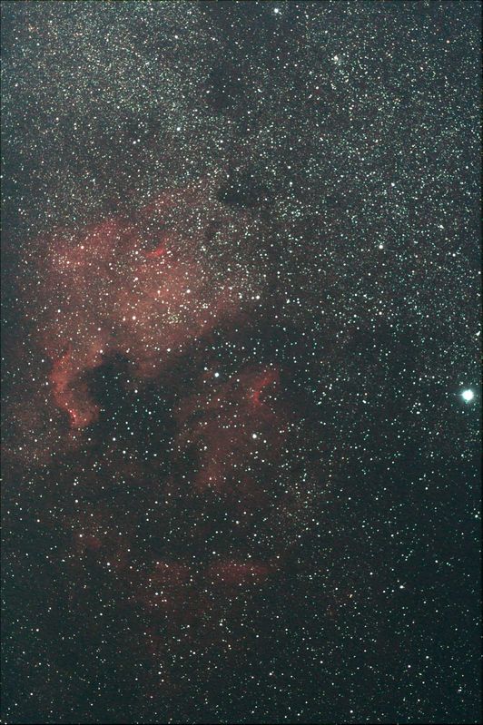NGC 7000 the North America/Pelican Nebulae and Deneb
My first shot at an emission nebula with the unmodified 450d.

16 x 120s @ ISO 800
10 Darks 120s @ ISO 800
10 bias 1/4000s @ ISO 800
10 Flats @ ISO 800


Link-words: Nebula