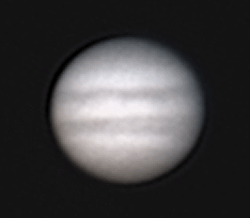 Jupiter from Mottingham
This was my first attempt at Jupiter, for this image I used a 2x Barlow.  The image was 99 frames 0% exposure 1/250th of a second; the brightness of my telescope causes some issues with Jupiter.
Link-words: Jupiter