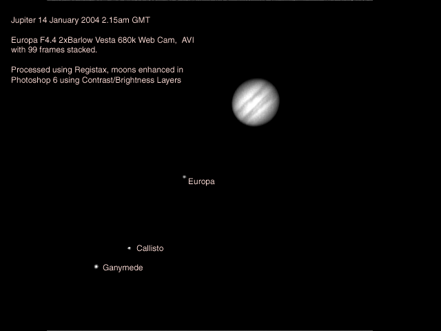 Jupiter with Moons
This was my first attempt at Jupiter and its moons, for this image I used my telescope at prime focus.  The image was 99 frames 0% exposure 1/125th of a second; the brightness and wide field of view of my telescope means I did not have to enhance the moons a lot at all.
Link-words: Jupiter