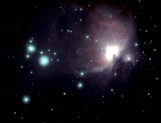 M42
M42 in the constellation of Orion is a very prominent nebula and star forming region within easy sight from the UK.  This image is a RGB colour composite of the main nebula taken on Boxing Day 2005.
Link-words: Messier Nebula