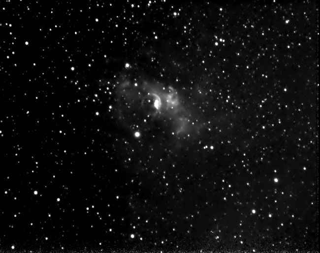 NGC 7635 The Bubble Nebula
NGC 7635 is the famous Bubble Nebula in Cassiopeia. At the center of the nebula is an 8th magnitude star, and about 6 arc minutes southwest is a brighter star (the brightest star in this image) of magnitude 6.7.  The Bubble nebula is a very rare example of a planetary nebula around an OB star. In our own galaxy, there are only two known examples, the Bubble, and NGC 6164-5
Link-words: Nebula