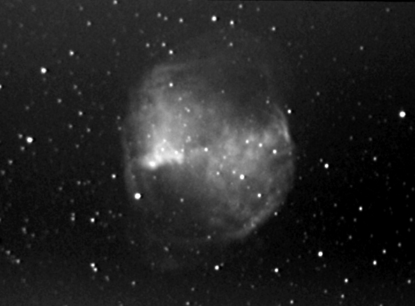 M27
M27 is a planetary nebula resulting from the demise of a sun-like star through the various evolutionary stages to its present white dwarf status, puffing off its outer atmospheres and bombarding the gases and dusts with high-energy illuminating radiation, causing expanding shock waves. M27 is approximately 800-1000 light-years distant, about 2-3 light-years in diameter.
Link-words: Messier Nebula