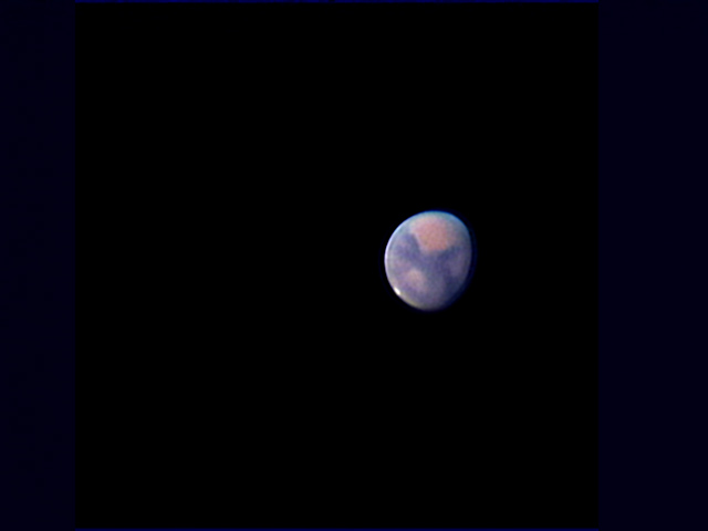 Mars 17/9/05
This is the first gallery picture of Mars' 2005 opposition. Seeing 6/10, transparency 8/10, could see down to MAG5. web cam, IR filter, best 70% of the frames used. Wavelett in registax 3 about CH1 = 0 CH2 = 0 CH3 = 0 CH4 = 12 CH5 = 45 CH6 = 60. Export into Photoshop, saturation upped a little then despeckled. Lastly did a magic wand on the right side and a Gussian blur to get rid of the shadow on the right of the planet.
