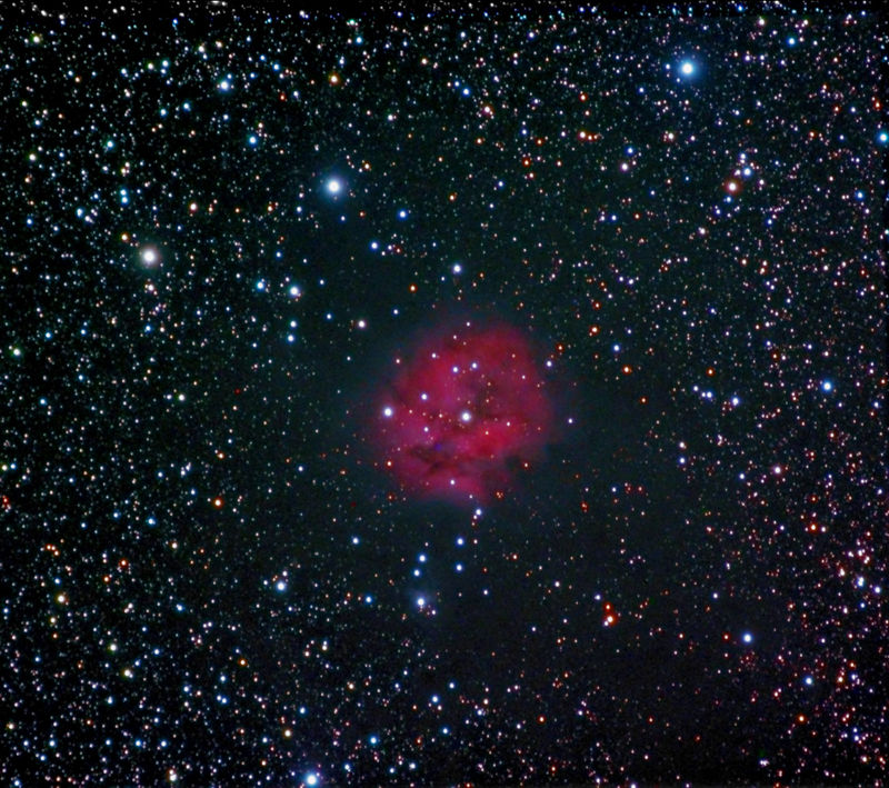 Cocoon Nebula
IC5146, the Cocoon Nebula, is a very diffuse star-forming region of glowing hydrogen surrounded by a sparse cluster of approximately 12th magnitude stars. The star in the center of the nebula is a mag. 9.6 star.
Link-words: Nebula