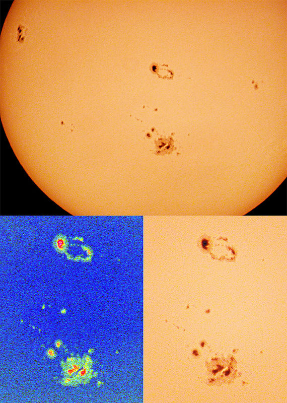 Active Sun
During late October and Early November 2003, the Sun became exceptionally active producing the most violent outbursts ever recorded - some hit the Earth's protective magnetic shield causing extensive auroral activity which was seen as far south as Spain and Florida. Ray's picture bears testimony to extent of the sunspot activity which has occurred. The largest spot visible is several times larger than the planet Jupiter!
Link-words: Sun