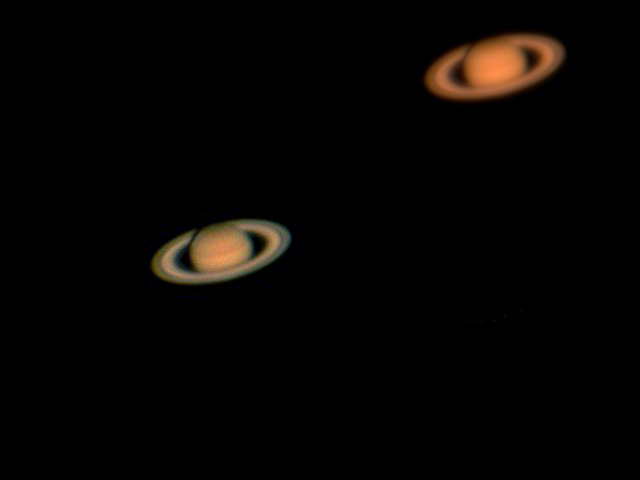 Saturn
As a beginner I still forget to set the color balance on the webcam. This is why my image of Saturn is a nice shade of orange! But thanks to some help the image was sorted out in Photoshop.
Link-words: Saturn