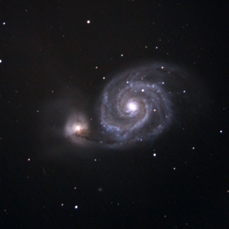 M51 - Whirlpool Galaxy
M51
2 hours total exposure (24 x 5 minute subs)
Guided using a 300mm photographic lens with a webcam
Link-words: Messier