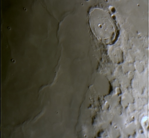 Dorsa Smirnov,  Posidonius and Le Monnier   Feb 2008
Dorsa Smirnov is the wrinkly ridge.  Posidonius the large circular formation at the top and Le Monnier is the one with the very flat floor.
Link-words: Moon