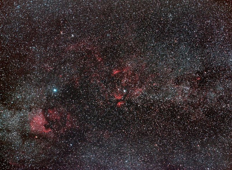 Part of Cygnus
Cygnus showing many well-known emission nebulae.
19 x 5 minutes at ISO 800.
Link-words: Nebula