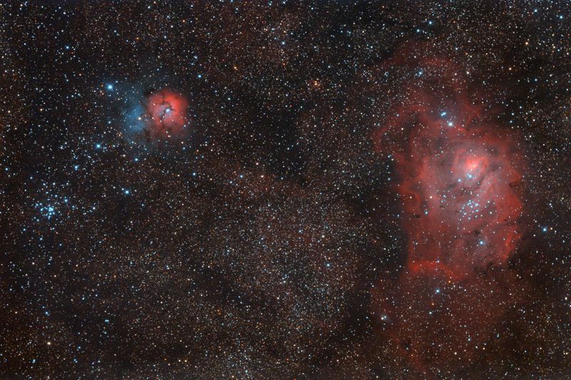 M8 and M20 - The Lagoon and the Trifid Nebulae
M8 and M20 from High Halden
18 x 5min @ISO 800 + 5 x 2.5min @ISO 400

