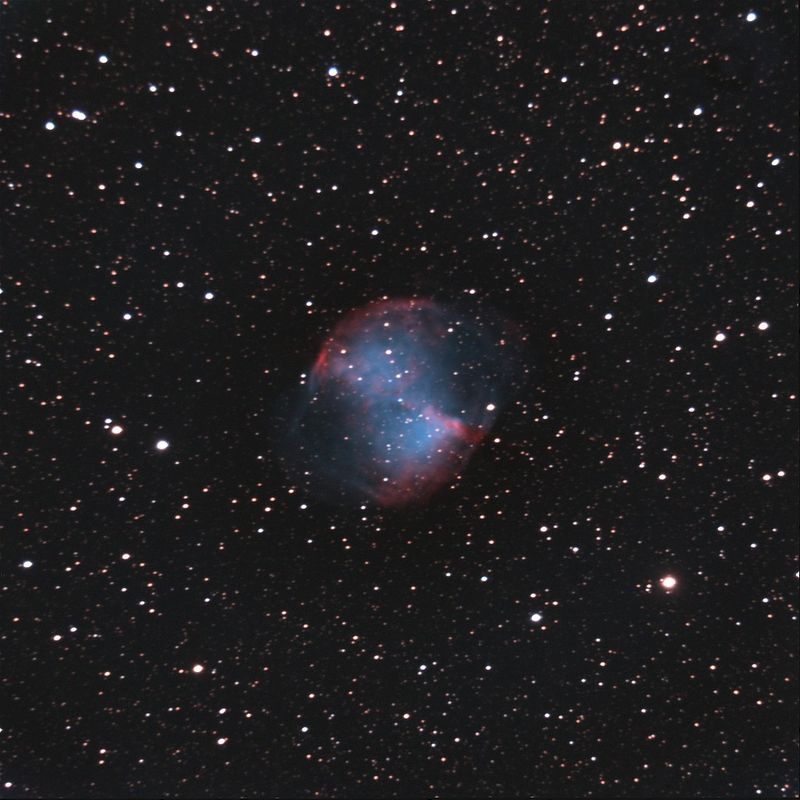 M27 using a modified Canon
My first image using a DIY Canon EOS 300D modified to enhance the red Hygrogen-alpha wavelength.   24 x 5 min exposures
Link-words: Messier Nebula