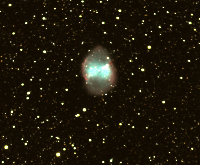 M27 Dumbbell nebula 
2 hours worth of 5 min subs, Darks and Bias (no flats as done in Jpeg in error).  
Link-words: CarolePope