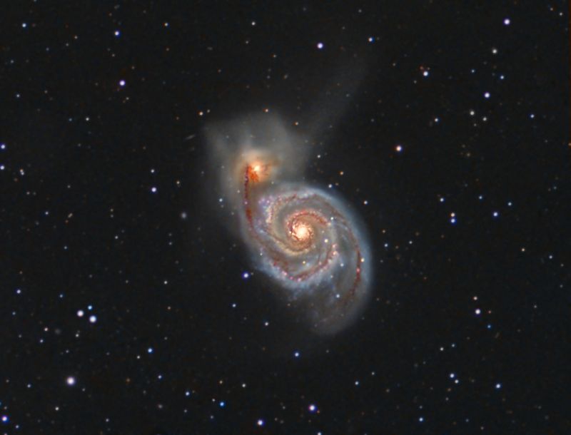 M51 Whirlpool galaxy
Taken from Cairds Camp site East sussex
LRGB with Atik314L and ED120 on HEQ5
900 x 4 + 600 x 4 luminance
RGB 6 x 300 secs each binned x 2
Stacked in Astroart and processed in Photoshop
Link-words: CarolePope