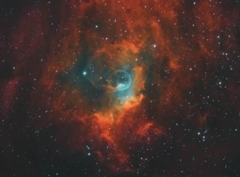 Bubble Nebula NGC7635
Ha 9 x 900secs April 2015, Ha 4 x 900secs Sept 2016, Ha 3 x 600 & 1` x 900 Sept 2016, Oiii 10 x 300 & 3 x 300 binned x 2 Sept 2016, Sii 9 x 300 & 3 x 300 binned x 2 Sept 2016
Atik314 & HEQ5, Skywatcher ED120 and WO FR x 0.8, Mapped HOS
Total 6 1/4 hours

Link-words: CarolePope