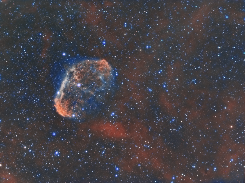Crescent Nebula NGC6888 (dual rig)
First light Atik428EX/ED80
and Atik460EX/WOZS71
HEQ5
This is the combined image from both cameras.

Total of 6h 40mins
Atik428EX/ED80
Atik460EX/WOZS71
HEQ5

Total Ha 22 x 600
Oiii 19 x 300 binned x 2
Oiii 9 x 600
RGB stars 4 x 150 binned (each filter)
Plus RGB stars added 
Link-words: CarolePope