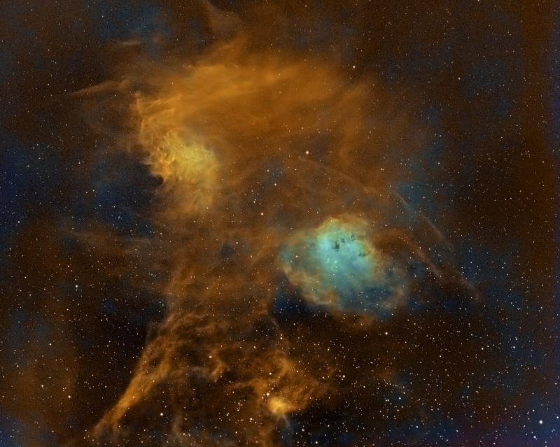 Flame, Tadpoles and Spider Nebulae 
Originally imaged in 2020 but could not get the Oiii and Sii to stand out.  Decided to reproces sit with new imaging skills and StarExterminator to help. 
IC405 and IC410 + IC417

Taken from SE London UK Bortle 8

Atik460EX and Samyang 135mm F2.8

Ha 17 x 600, Ha 4 x 900
Oiii 13 x 300 Binned x 2
Sii 13 x 300 Binned x 2
RGB 7 x 150 each

Total 6h 32mins Taken over 2 evenings
Link-words: Carole