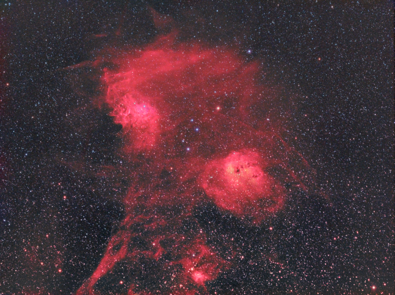 Flaming star and Tadpoles widefield 
IC405 and IC410 + IC417
Taken from SE London UK Bortle 8

Atik460EX and Samyang 135mm F2.8
Ha 17 x 600
Ha 4 x 900
Oiii 13 x 300 Binned x 2
Sii 13 x 300 Binned x 2
RGB 7 x 150 each
Total 6h 32mins Taken over 2 evenings

Combined as RHa, GOiii, BSii
Link-words: CarolePope