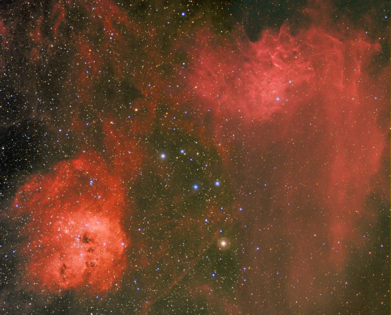 IC405 & IC410 Flaming Star and Tadpoles Nebulae
2 Pane Mosaic
Flaming star:
12 x Ha (2 hours)
RGB 15 x 150secs binned
Total 2hours 37.5mins

Tadpoles:
9 x 600secs Ha (1.5 hours)
RGB 14 x 150secs binned
Total 2hours 5mins

Grand total for the Mosaic = 4 hours 43.5 mins

Atik460EX Baader 3nm Ha filter Baader RGB filters
WOZS71 and HEQ5
Mapped HaRHaRGB
Link-words: CarolePope