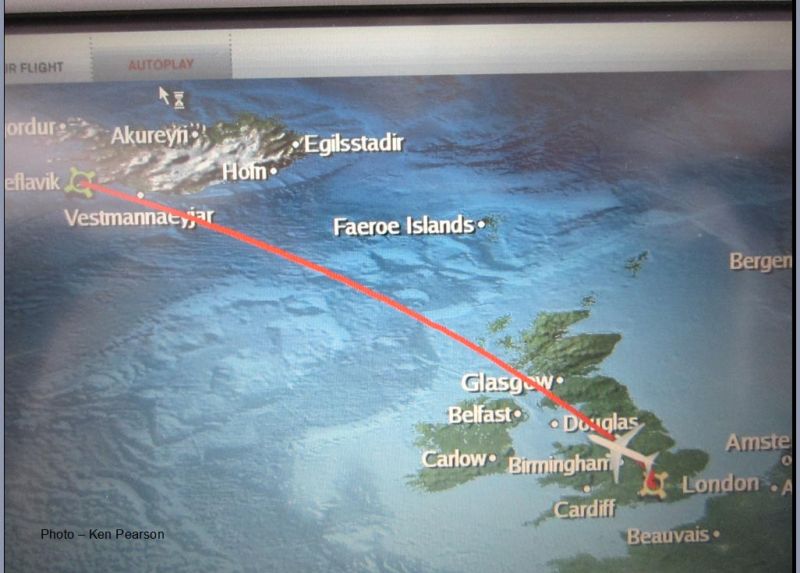 Route to iceland
Photo in Plane flight route, but we did actually fly over the Faroes as we saw them. 
Link-words: CarolePope Iceland2012