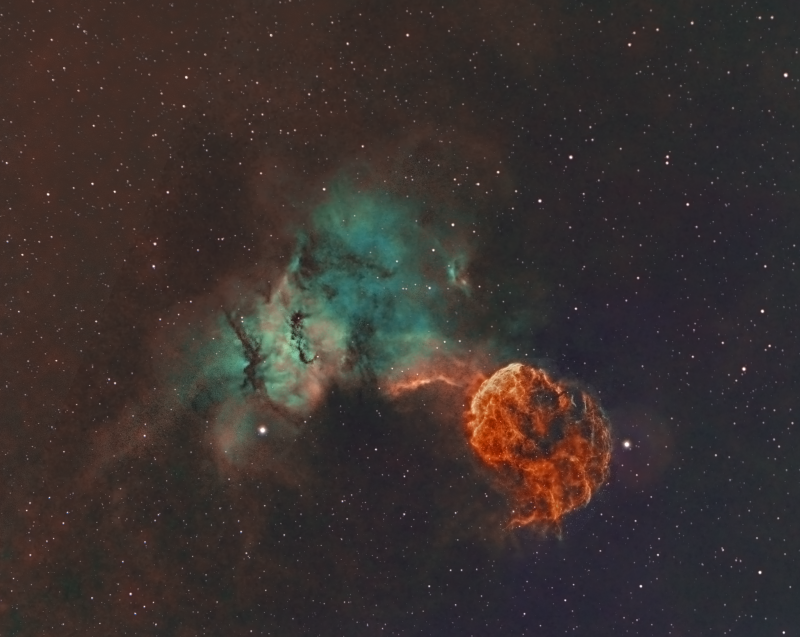 Jellyfish Nebula IC443 and IC444 
Captured with Samyang lens 135mm and Atik 460EX. Plus some Ha data from a SW Esprit 100 (jellyfish only)

Some Ha data is from 2020.
Ha 20 x 600secs 
Oiii 10 x 300 binned x 2
Sii 12 x 300 binned x 2.

Processed in Photoshop with SX and GE plugins

Taken in SE London Bortle 7/8
Link-words: Carole