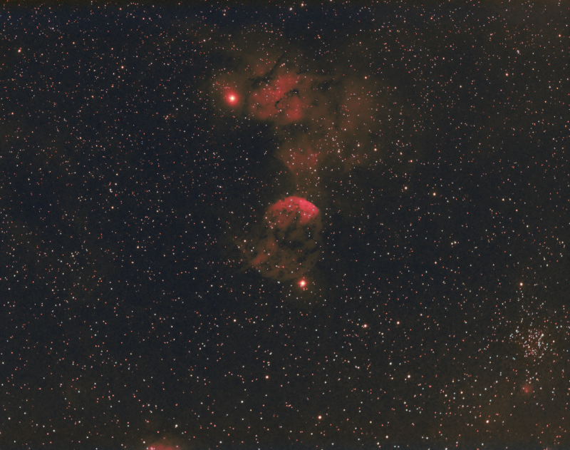 Jellyfish nebula 
First light with Samyang 135mm F2 lens imaging at F2.8
Atik460EX
Newly Rowan belt modded HEQ5
Ha 12 x 600 secs
RGB 17 x 150 secs
Oiii 10 x 300secs (but doesn't really add to the image)
Bortle 8
Link-words: CarolePope