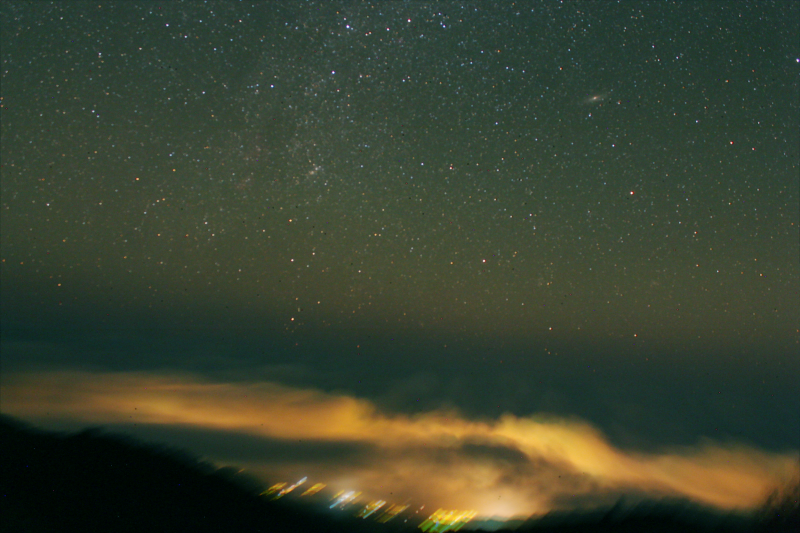 Eastern Sky from La Palma
Looking to the East.  Above the clouds 3400m up probably Santa Cruz lights below.  
Link-words: Carole