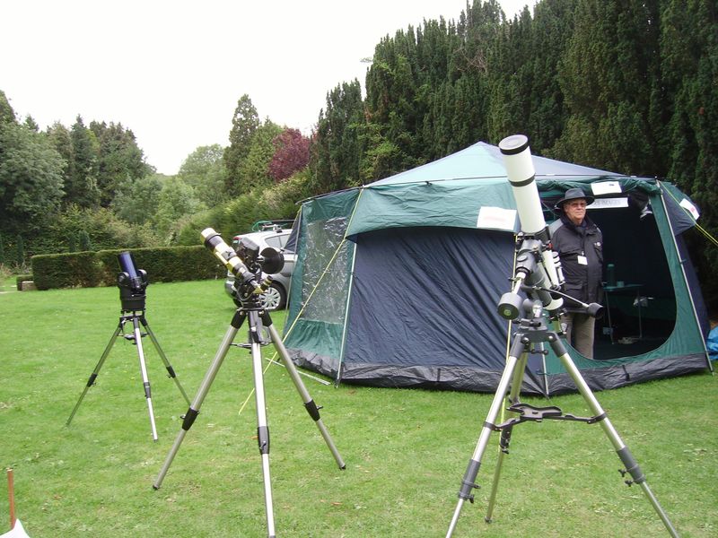 Tent and left side scopes 
Telescopes on Display with Doug watching over them. 
Link-words: Outreach HighElms2010