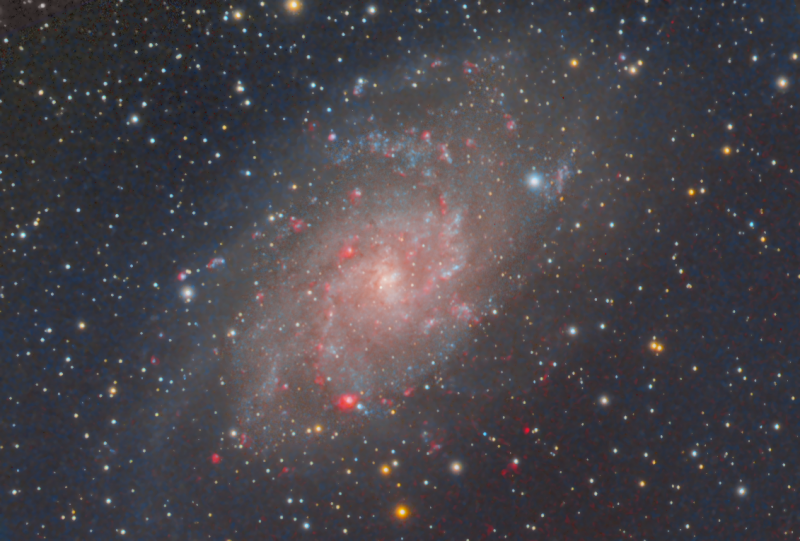 M33 Galaxy in Triangulum
Dual Rig:
Mount: HEQ5
WOZS71/Atik314L + FR x 0.8 : 13 x 600 + 4 x 900 Luminance
SWED80/Atik460EX + FR x 0.8 : RGB:
Blue & Green 5 x 150 secs + 4 x 200 secs binned x 2
Red: 5 x 150 secs + 7 x 200secs Binned x 2
Ha 5 x 10min
Total Luminance 3h 10m
Total RGB 1h 27.5m
Total Ha 50m

Grand total = 5 hours 27minutes
Taken over 2 nights
Link-words: CarolePope